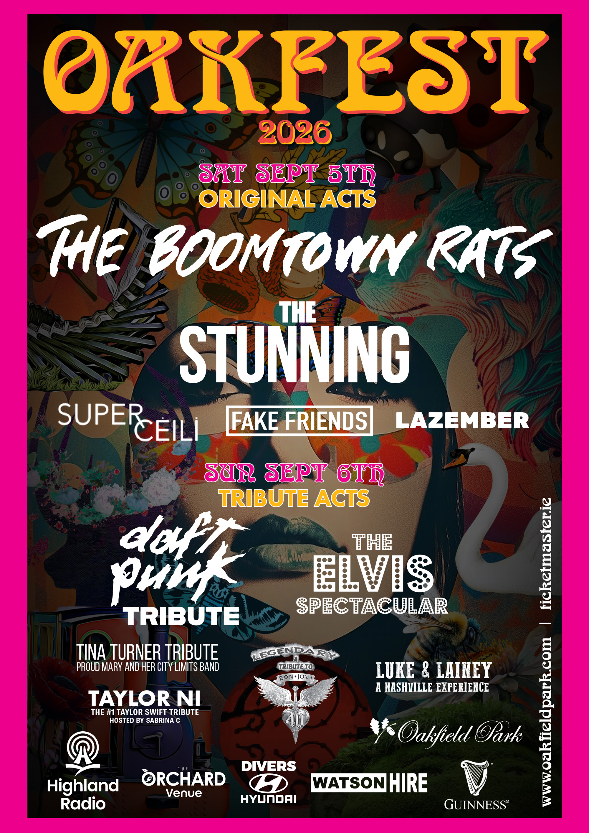 An image of the Oakfest 2026 poster showing the lineup with logos on a colourful background.